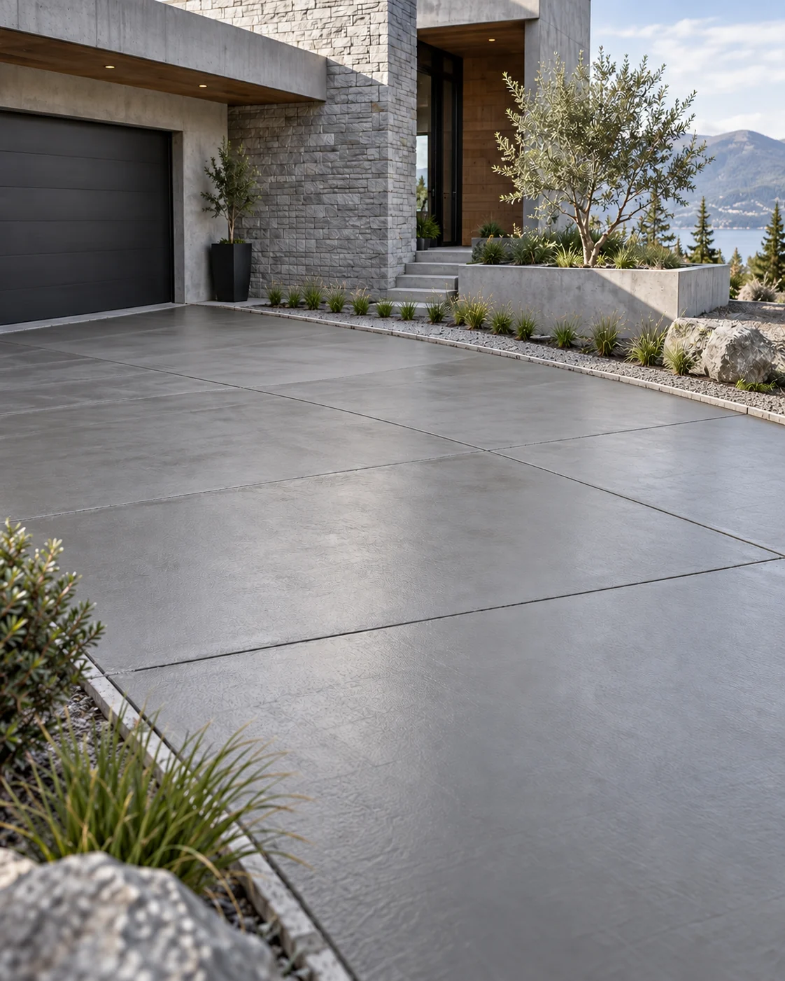 Finished concrete driveway at a modern residence